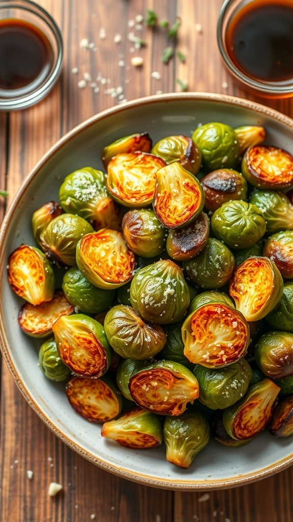 Crispy air fryer Brussels sprouts garnished with Parmesan cheese in a rustic bowl on a wooden table.